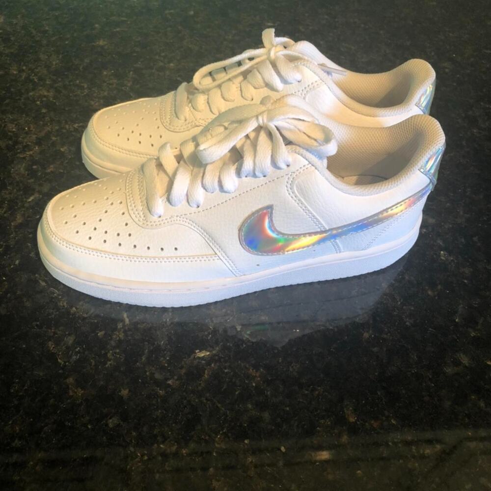 Nike Court Vision Low Sneaker in White/Silver Iridescent - 10